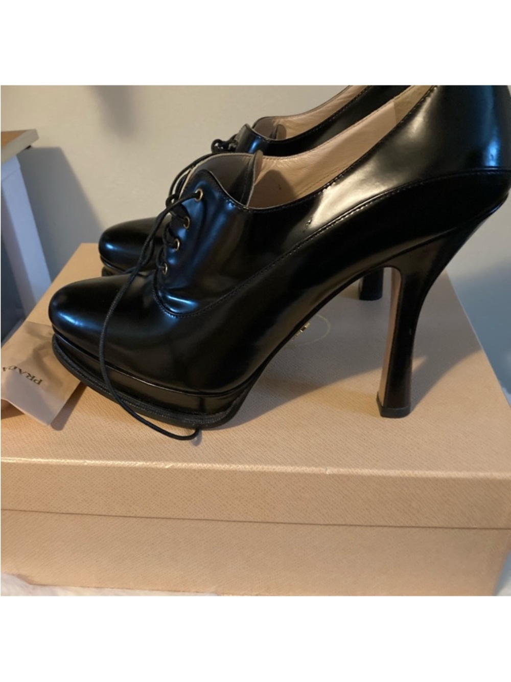 Prada Black Lace-Up High Heel Platform Oxford Donna Shoes NWT